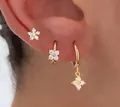 Détail de l'ensemble de boucles d'oreilles en laiton doré avec étoiles et zircons - Style Trèfle Fleur Quatre Pétales Pentagramme (e610) / 14k / Ensemble trois pièces / Or