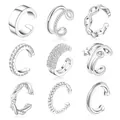 Set aus neun silbernen Zirkonia-Ohrmanschetten mit Kette, Stern und minimalistischem Design - Gemischte Stile (e405) / 9er-Set / Silber