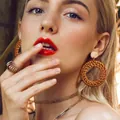 Bohemian rattan hoop earrings and gold plated jewelry set for women on model - Rattan Hoop Style (e468-Style 3) / 1 Pair Pack