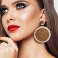 Close-up of Bohemian handmade woven circular earrings in brown and beige tones - Concentric Circle Style (e468-Style 4) / 1 Pair Pack