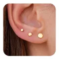 Three pairs of minimalist gold plated brass ball stud earrings on a female ear model - Flat Round Bean Style (e462) / 14k / Gold