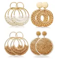 Set of four bohemian hand-woven drop earrings with gold plating and natural raffia - Assorted 4-Pair Style (e468-Style 5)