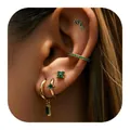 5-piece gold-plated brass earring set featuring emerald green stones on a model ear - Emerald Green Gold Style (e440) / 1PC