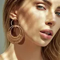 Bohemian gold-plated hoop earrings featuring handcrafted raffia weave and metal circles - Double Hoop Style (e468-Style 1) / 1 Pair Pack