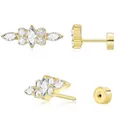 Detail view of gold-plated brass stud earrings with marquise and round zircon stones - Cluster Marquise Style (e458) / Gold