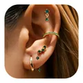 6-piece gold plated brass emerald earring set featuring studs and ear cuffs on model - Emerald Green Drop Gold Style (e442) / 1PC