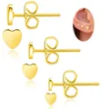 Detailed set of three gold heart earrings in various sizes with model wearing reference - Heart Style (e467) / 14k / Gold