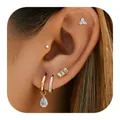 Detail view of five 18k gold plated stud and hoop earrings set with clear zirconias - Clear Zirconia Gold Style (e446) / 1PC