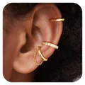 Dreiteiliges vergoldetes Earcuff-Set mit gedrehtem Metall, Zirkonia und Ketten-Detail - Gold Gedrehter Pave Stil (e528)