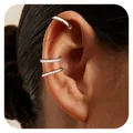 Set di tre ear cuff in argento con design liscio, zirconi incastonati e motivo a corda - Stile Semplice Brillante Intrecciato Argento (e530)