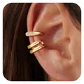 Dettaglio di ear cuff dorati con zirconi incastonati indossati sul lobo dell'orecchio - Stile Doppio Strato Pavé Stretto Oro (e533)