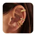 Dettaglio del set di 4 ear cuff dorati con texture a coste, a catena e con perline - Stile Perline a Righe Oro (e535)