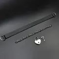 Detail of gold-plated brass Cuban chain with heart padlock and key set in punk style - Leather Heart Lock Choker Set / 14k / Black