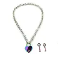 Cuban link chain necklace with a heart shaped lock pendant and keys in iridescent finish - Heart Lock Pendant Necklace Set / 14k / Silver AB