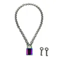 Macro view of gunmetal chain necklace featuring iridescent padlock pendant and keys - Iridescent Rectangular Lock Set / 14k / Iridescent Gunmetal Black