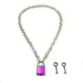 Macro shot of punk style Cuban chain with a colorful gradient padlock and keys - Iridescent Rectangular Lock Set / 14k / Silver AB