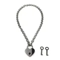 Detailed macro view of gunmetal Cuban chain with a heart-shaped padlock and two small keys - Mirror Heart Lock Necklace Set / 14k / Gunmetal