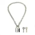 Close-up of silver-tone Cuban chain necklace with rectangular padlock and two keys - Rectangular Lock Necklace Set / 14k / Silver