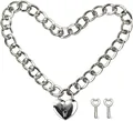 Macro detail of silver-tone chunky Cuban chain with heart padlock and decorative keys - Heart Lock Cuban Chain Necklace / 14k / Silver