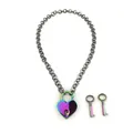 Detailed macro view of iridescent rainbow plated heart padlock and keys on Cuban chain - Heart Lock Pendant Necklace Set / 14k / Iridescent Gunmetal Black