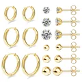 Lot de 9 paires de boucles d'oreilles en laiton doré avec clous en zircone et créoles - Ensemble de 9 Paires de Boucles d'Oreilles (e751) / Or