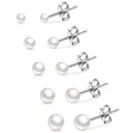 Detail shot of five pairs of graduated white pearl stud earrings on silver posts - 5 Pairs Pearl Stud Earring Set (e753) / Pearl White
