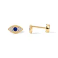 Gold plated evil eye stud earrings with blue gemstone and white cubic zirconia accents - Boho Evil Eye (c108)