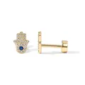 Gold Hamsa Hand earring stud with sparkling zircons and blue center stone on white backdrop - Hamsa Hand (c110)