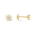 Detail view of 18K gold plated brass star flower stud earrings with zircon center - Octagon Star Style (c111)