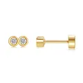 Detail view of round bezel-set zircon earrings in gold finish with flat push-back closure - Round Bezel Set (c112)