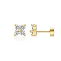 Detail view of gold-plated clover studs with clear zircons, including front and side views - Clover Flower Style (c114)