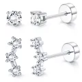 Classic gold brass stud earrings set with sparkling zircon stones for women's jewelry - Single Stone And Curved Three Stone Style (c121) / 14k / 1 Pair / Silver