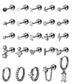 Makroaufnahme von 25-teiligem schwarzem Edelstahl-Ohrring-Set mit Zirkon und Perlen - 14k / 25er Pack / Schwarz