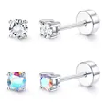 Set of four-prong gold plated brass stud earrings with cubic zirconia and screw-back closure - White Zircon And Aurora Stone Style (c122) / 14k / 1 Pair / Silver