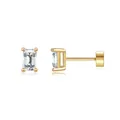 Close-up of gold-plated palm flower stud earrings with emerald-cut cubic zirconia - Emerald Cut Square (c117) / 14k / 1 Pair Pack / Gold