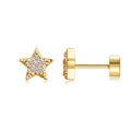 Macro view of gold-plated brass star stud earrings with tiny clear zircon inlay stones - Five Pointed Star (c118)