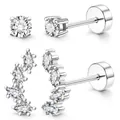 Détail de boucles d'oreilles en argent avec zircons et ear climber marquise à dos plat - Style à Pierre Unique Et Grimpant Marquise (c123) / 14k / 1 Paire / Argent