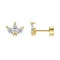 Macro detail of gold plated brass flower earrings with marquise-cut zircons and push-back - Lotus Leaf Style (c119)