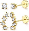 Détail de boucles d'oreilles en laiton doré avec oxydes de zirconium marquise et ronds - Style à Pierre Unique Et Grimpant Marquise (c123) / 14k / 1 Paire / Or
