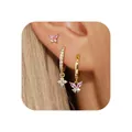 Close-up of gold brass butterfly earrings set with zircon stones on model's ear - Pink And White Butterfly Set (e830) / Gold