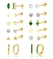 Set of 12 gold plated brass earrings featuring green zircon stars and moon designs - Star and Moon Combination Style (c132) / 14k / 12 Pairs Set / Gold