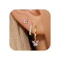 Detail of three-piece gold-plated butterfly earrings set with pink and white zirconia stones - Marquise Zirconia Butterfly Set (e831) / Gold
