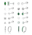 Set of 12 celestial earrings with green zircon, stars and moon in silver finish - Star and Moon Combination Style (c132) / 14k / 12 Pairs Set / Silver