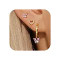 Close-up of gold butterfly and heart earrings set with sparkling pink zircon stones - Hollow Heart Butterfly Set (e833)