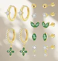 Luxuriöses Set aus vergoldetem Messing mit grünen Smaragden und Zirkonia-Steinen - Smaragd-Zirkonia-Ohrring-Set (e695) / 14k / 7 Paare Set / Gold