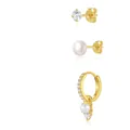 Three-piece gold butterfly earring set with zircon accents and white pearls - Minimalist Single Diamond Artificial Pearl Set (e838)
