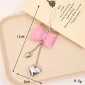 Pink faux leather bow keychain with silver heart pendants for bags and phone decoration - Small Rope Head Style / Korean Pink