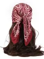 Detail of silk-like paisley square scarf in burgundy tied on long hair from the back view - Paisley - Wine Red