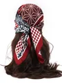 Detail of silk-like printed headscarf with floral and geometric patterns on hair - Patchwork Floral - Red