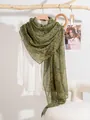Detail of green floral chiffon scarf texture hanging on a minimalist wooden rack - 180*90CM / Dark Green